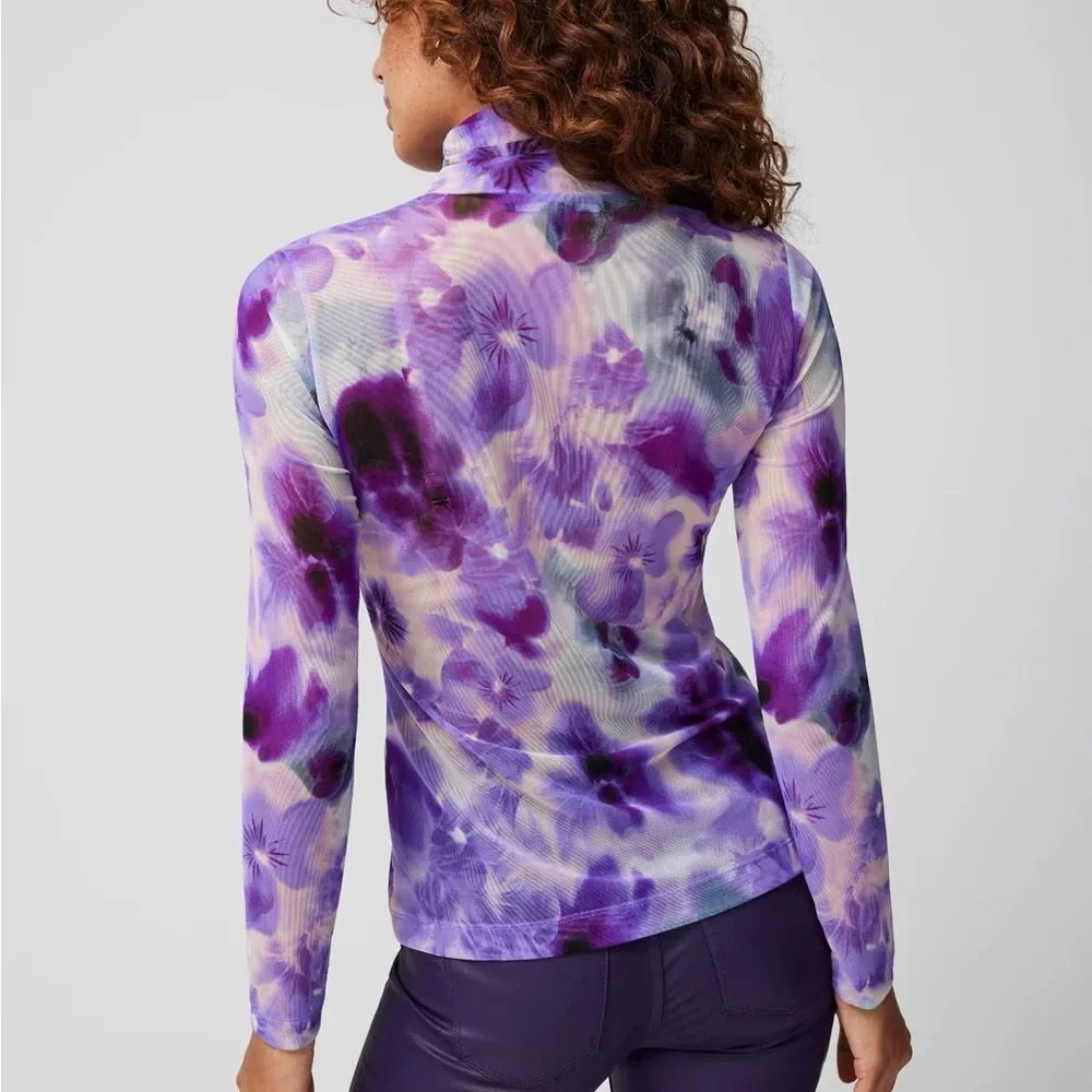 NWT White House Black Market Purple Floral Mesh Turtleneck. Size XS. - Picture 4 of 4